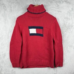 Tommy Hilfiger Hand 3D Chunky Knit Turtleneck Sweater Large Vintage 90s Big Logo